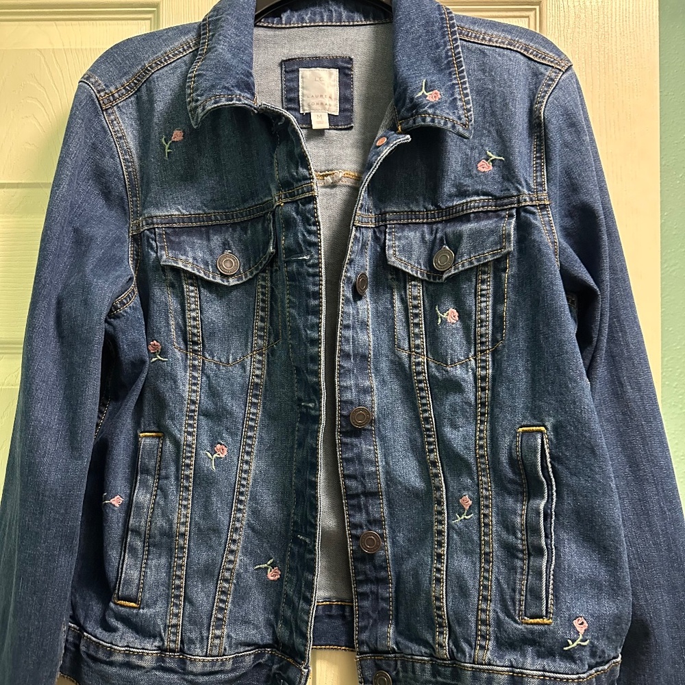 Dark denim jacket with pink flower embroidery
